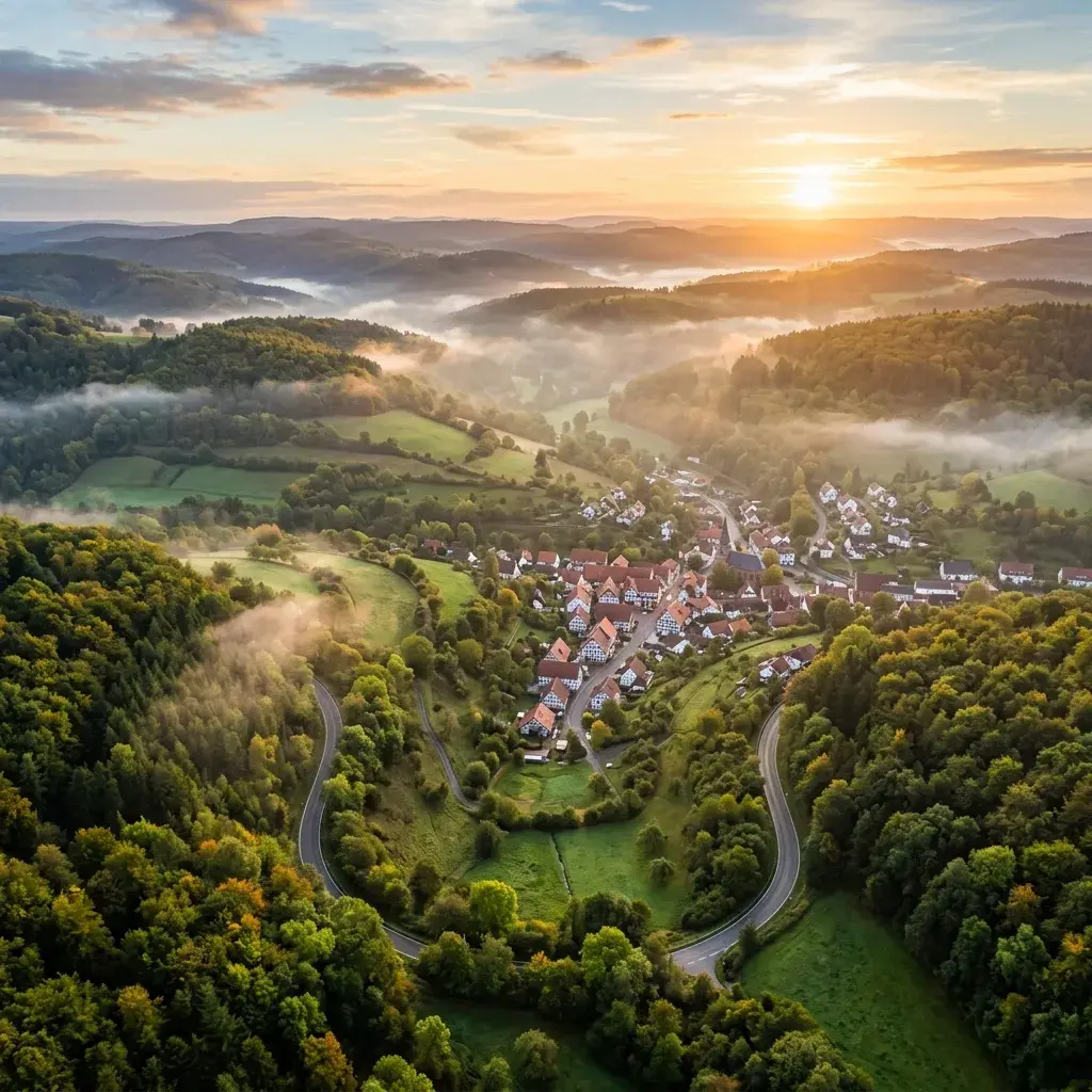 Odenwald Landschaft – Hügel, Wälder und Dörfer im Morgenlicht bei Michelstadt